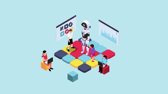 Isometric AI Robot Teaching Children in Virtual Digital Classroom 3d animation cartoon