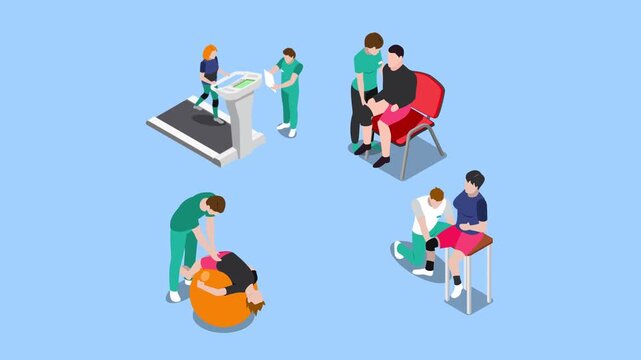 Physical Therapy and Sports Injury Rehabilitation with Medical Staff and Patients 3d animation cartoon
