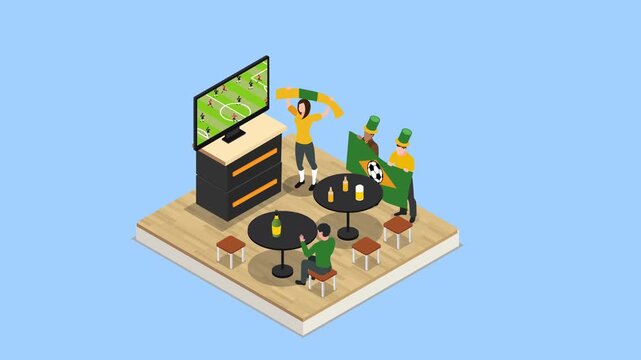 Soccer Fans Watching a Football Match at a Sports Bar or Fan Zone 3d animation cartoon