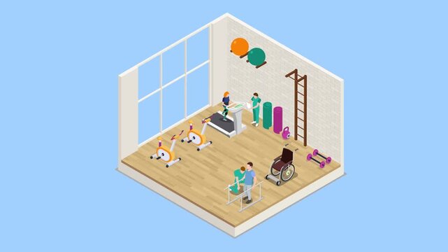 Physical Therapy Clinic Interior with Rehabilitation Equipment and Medical Staff 3d animation cartoon