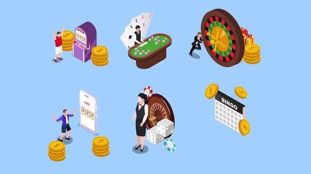 Casino and Online Gambling Set with People, Slot Machines, Roulette, Poker, and Bingo Icons 3d animation cartoon