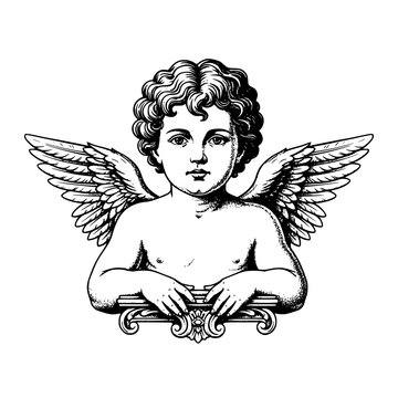 Vector illustration of cherub head with wings, black and white