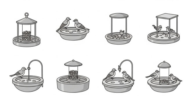 Collection of eight vintage bird feeders with birds.