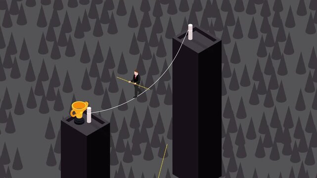 Business Risk and Failure Concept: Businessman Falling from Tightrope While Seeking Success 3d animation cartoon