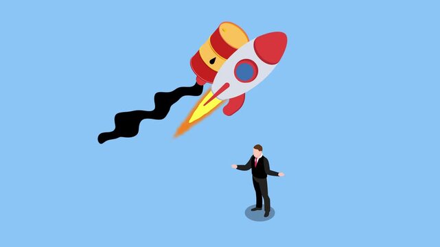 Business Man Watching Rocket and Oil Barrel Soaring Upward Representing Energy Market Growth and Inflation 3d animation cartoon