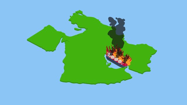 Cargo Ship on Fire Near a Green Island Coastline 3d animation cartoon