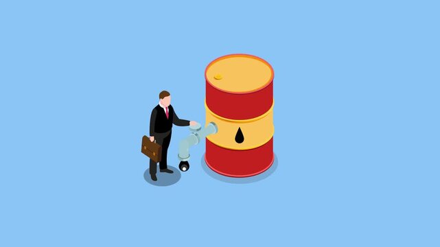 Businessman Controlling Oil Flow from Industrial Barrel 3d animation cartoon