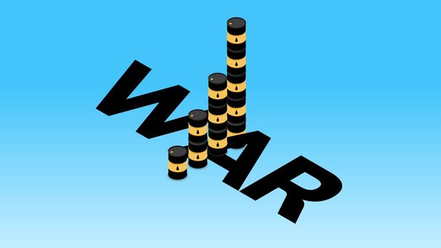 Global Conflict and Oil Price Surge Concept: Stacks of Oil Barrels Forming a Rising Graph on the Word WAR 3d animation cartoon