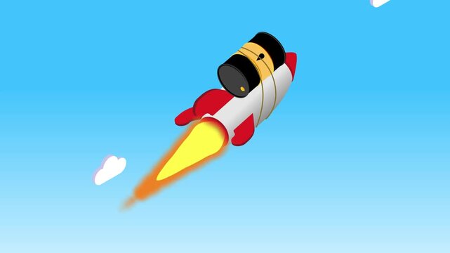 Rocket Launching with Oil Barrel Attached, Concept of Skyrocketing Energy Prices and Fuel Inflation 3d animation cartoon