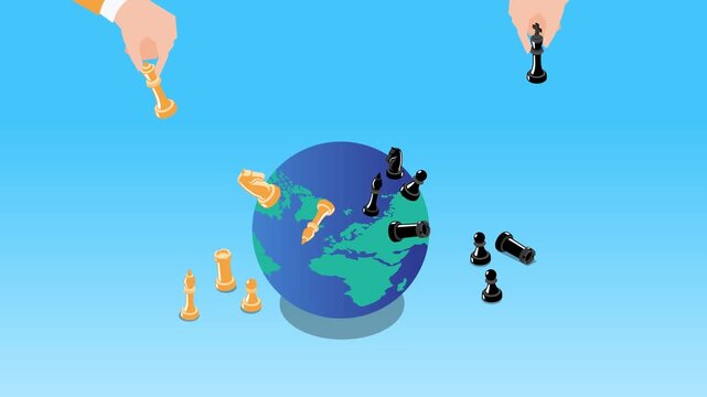 Global Geopolitics Concept with Hands Playing Chess on Earth Globe 3d animation cartoon