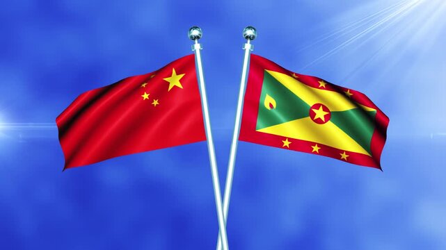 China and Grenada Flag Waving On Pole Loop