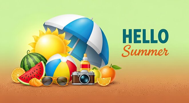 Hello Summer Greeting with Beach Ball Sunglasses and Tropical Fruits on Sand