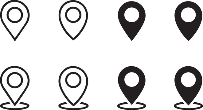 Collection of location pin icons simple outline and filled vector graphics for navigation and mapping applications isolated on white