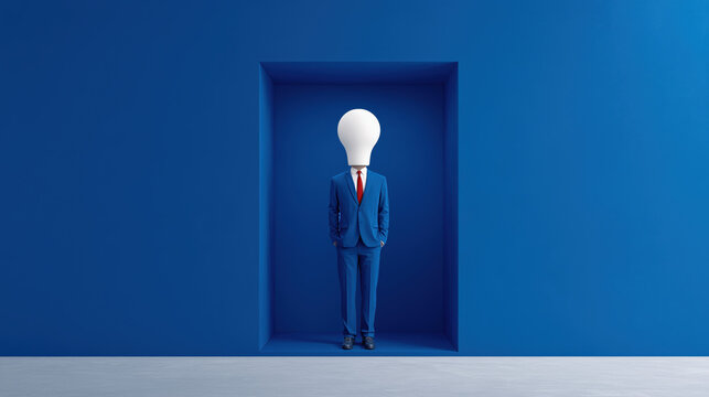 Man in blue suit with light bulb for a head stands with hands in pockets inside a blue recess