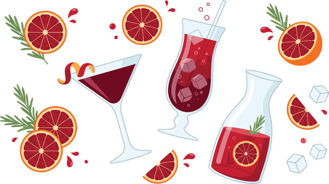 Blood Orange Cocktail Vector Set with Juice Glass Pitcher Martini Citrus Slices and Ice Cubes for Refreshing Summer Beverage Illustration Design