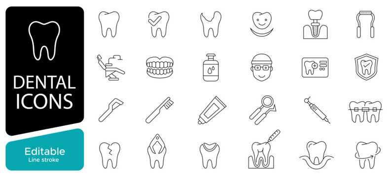 Dental care line icons set in outline style, tooth, dentist, oral hygiene, treatment, clinic, medical icons set, editable stroke vector illustration