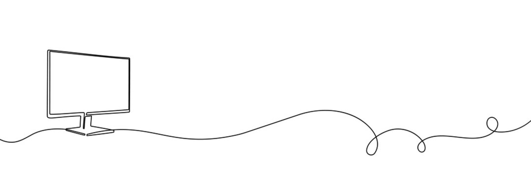 Continuous one line monitor computer outline art tv screen frame desktop. TV monitor office drawing simple digital technology creative isolated mockup device download icon white design business flat