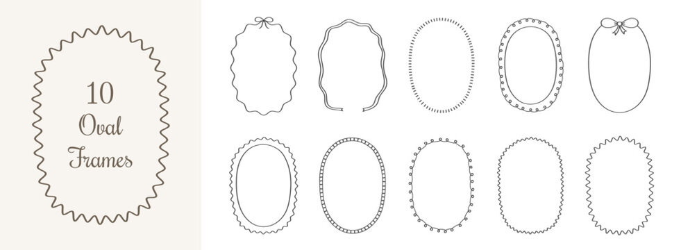 Hand drawn oval frames and borders in various delicate line styles suitable for wedding invitations, vintage card designs, elegant labels, and minimalist branding projects