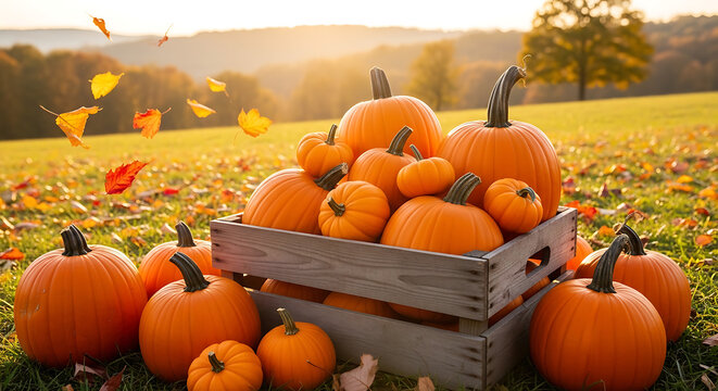 Thanksgiving - Ripe Pumpkins In Field At Sunset orange pumpkins at outdoor farmer market. pumpkin patch. Copy space for your text