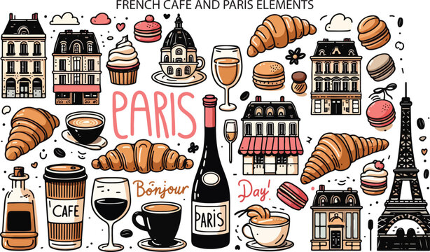 French Cafe Paris Coffee and Bakery Food, Illustration Doodle Cartoon Collection