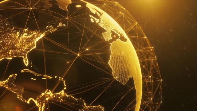 A glowing golden digital earth globe with interconnected network lines and dots, representing global technology and communication.