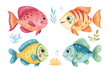 Fototapeta premium Watercolor Summer Fish Clipart Set, Cute Marine Life Icons Collection, Isolated Vector Illustration
