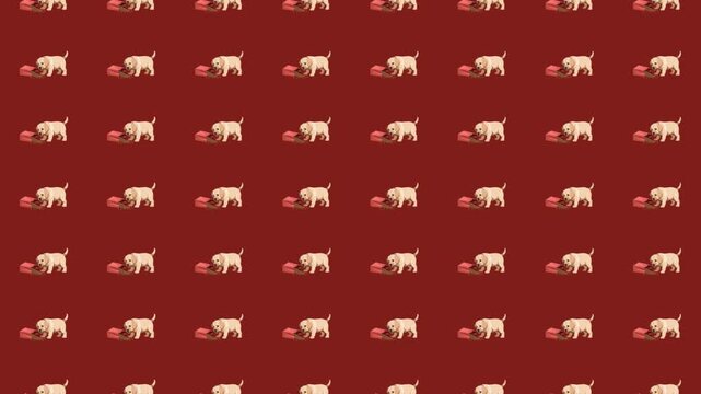 Seamless Labrador puppies with dog food bag repeating pattern flat illustration playful pet feeding concept design