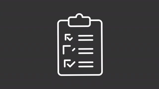 Animated survey clipboard white line icon. Poll process animation. Todo list, task checklist. Project management. Regulatory checks. Isolated element on dark background. Alpha transparent video