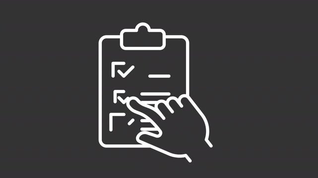 Animated survey checklist white line icon. Choosing options animation. Task management, todo list. Checked boxes. Performance analysis. Isolated element on dark background. Alpha transparent video