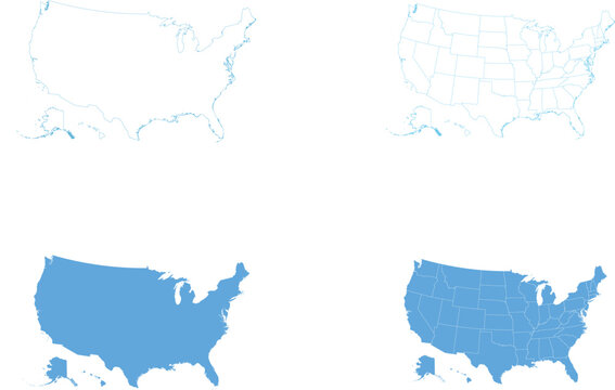 A professional set of United States maps featuring blue silhouettes, state border outlines, and clean vector shapes for educational or business use.