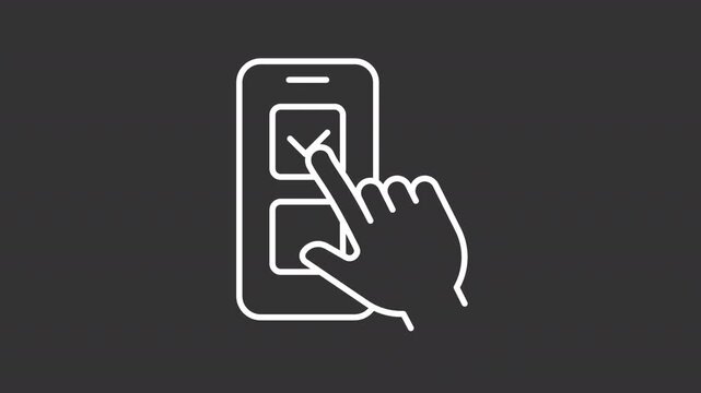 Animated mobile survey white line icon. Checkmark animation. Online voting, decision making. Check list, questionnaire completion. Isolated element on dark background. Alpha transparent video