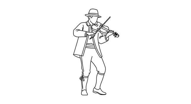Line drawing of a man playing a violin with a hat.