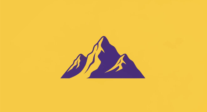 Minimalist purple mountain range icon with a central peak and two smaller side peaks, isolated on a solid bright yellow background, simple vector graphic logo design for branding.
