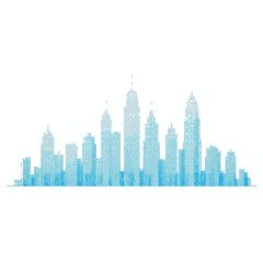 Fototapeta premium Minimalist blue digital city skyline illustration composed of halftone dots and geometric patterns representing modern urban architecture and skyscrapers isolated on white background.