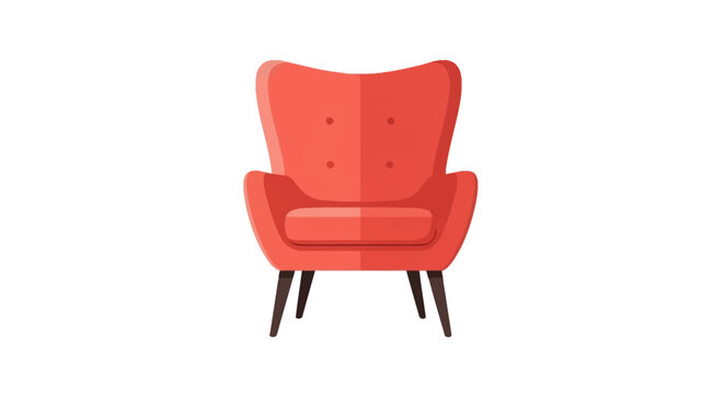Modern red armchair flat vector illustration isolated on white background. Mid-century style wingback chair with dark wooden legs and tufted back detail for interior design.