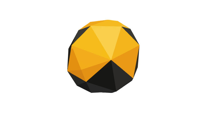 Abstract low poly spherical object featuring a combination of yellow, orange, and black triangular facets isolated on a plain white background for geometric design and 3D modeling.
