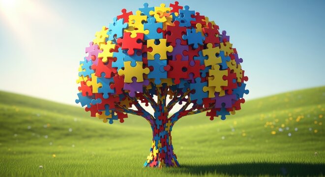 A colorful tree made of puzzle pieces stands on a vibrant green field under a clear blue sky, symbolizing creativity and connection.