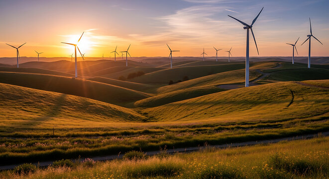 wind turbines in Oiz eolic park wind turbine farm sundown