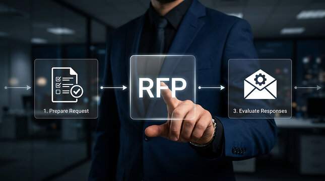 Businessman using digital RFP request for proposal process workflow interface