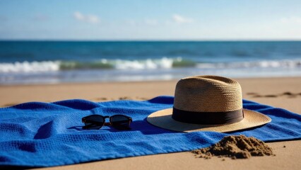 Obraz premium Straw hat and towel resting on sandy beach shoreline