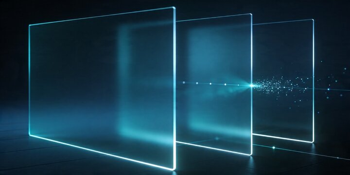 Dark blue technology background with three translucent glass panels and cyan particle merge point for presentation header website hero report cover and corporate banner