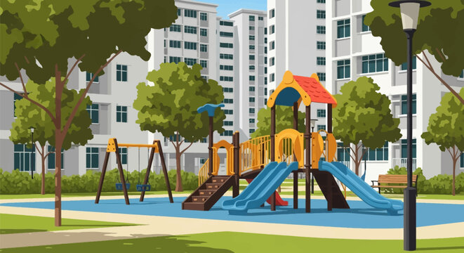 Vector illustration of a children's playground in a residential area featuring blue slides, a swing set, green trees, and white high-rise apartment buildings in a flat design style.