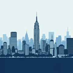 Fototapeta premium Blue monochrome vector illustration of the New York City skyline silhouette featuring the Empire State Building, urban skyscrapers, and a tree-lined park foreground in Manhattan.