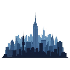 Obraz premium Blue monochrome vector illustration of the New York City skyline silhouette featuring the Empire State Building and Midtown Manhattan skyscrapers isolated on a white background.