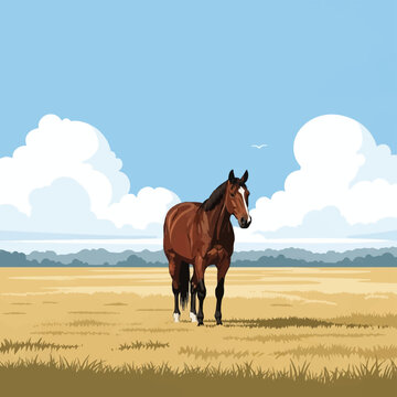 Illustration of a brown bay horse standing in a vast yellow grass field under a bright blue sky with large puffy white clouds, flat vector art style with distant forest horizon.