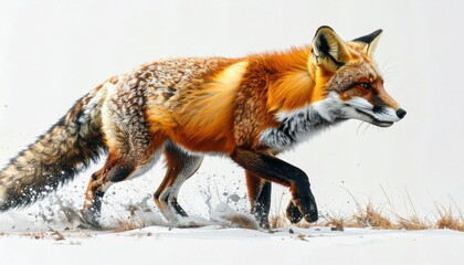 Obraz premium A reddish-orange fox sprints across a snowy landscape, eyes forward, fur fluffed