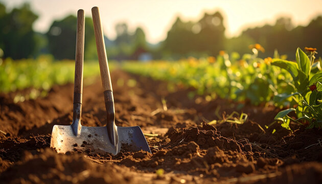 Garden scene with shovels in foreground and rows of plants in sunlight