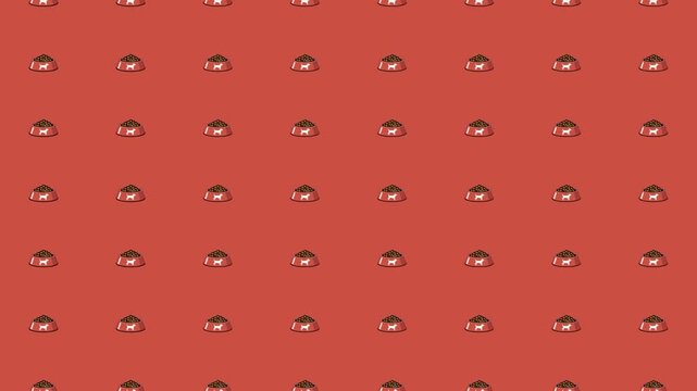 Seamless red dog bowls with kibble and dog icon on orange background flat vector repeating pet pattern design
