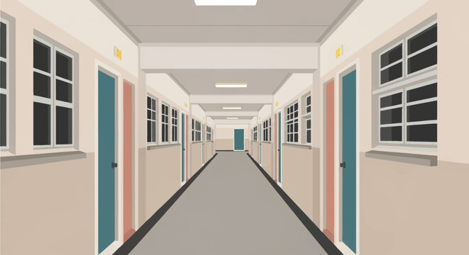 Symmetrical flat vector illustration of a long institutional hallway featuring rows of blue and red doors, interior windows, overhead fluorescent lighting, and grey flooring.
