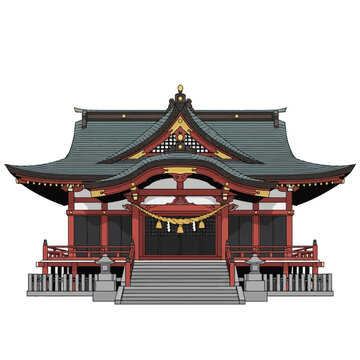 Detailed vector illustration of a traditional Japanese Shinto shrine featuring red wooden architecture, a multi-tiered tiled roof, stone stairs, lanterns, and a sacred shimenawa rope.